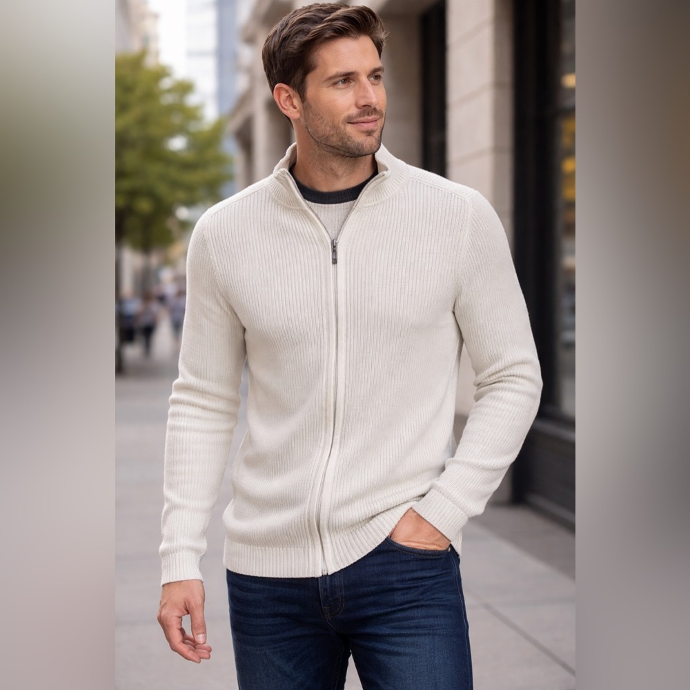 ✨ DKNY Jeans Ribbed Zip-Up Sweater – Cream/Off-White ✨